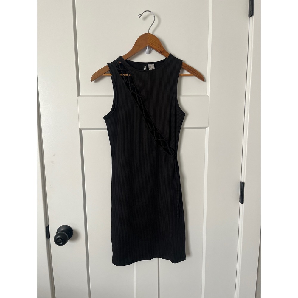 H&M Divided Womens Small Black Ribbed Lace Up Diagonal Cut Out Mini Dress